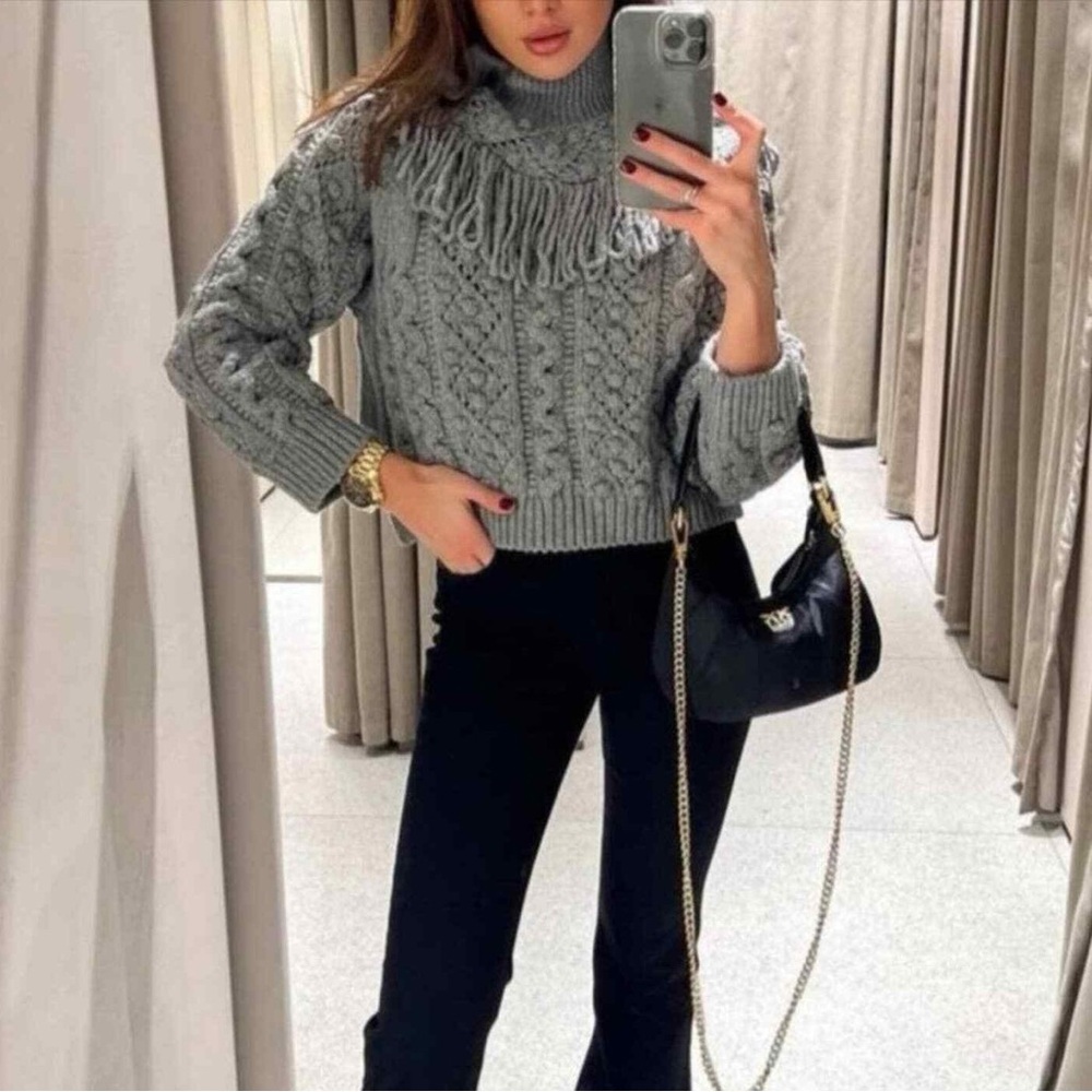 Zara Gray Chunky Cable Knit Cropped Fringe Turtle High Neck Fall Sweater (Small) - Picture 3 of 6